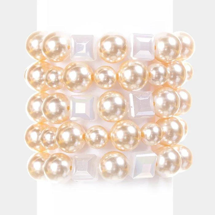 White 5 Layers Pearl Cube Stack Stretch Bracelet - Jewelry Store by Erik Rayo