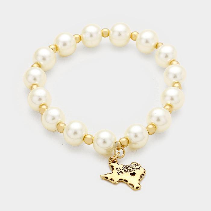 Gold Pearl with Texas State Map Charm Stretch Bracelet