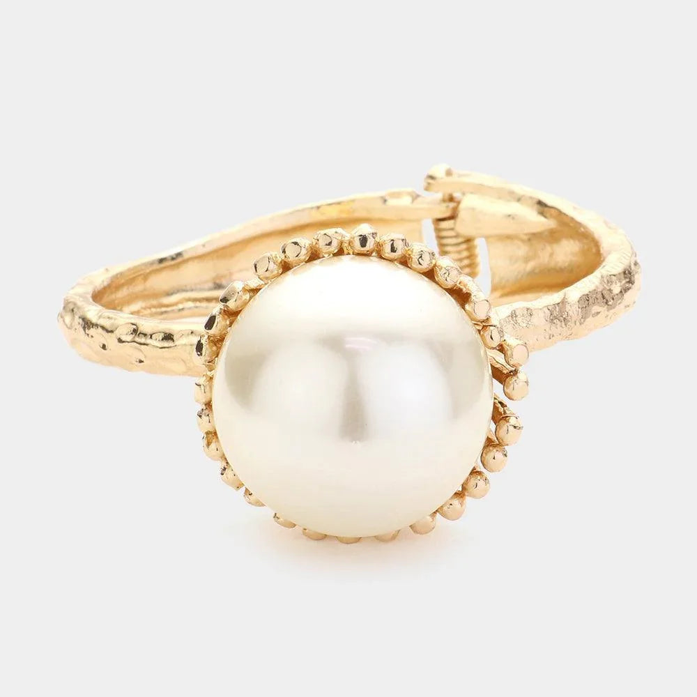 Cream Round Pearl Pointed Hinged Bangle Bracelet - Jewelry Store by Erik Rayo