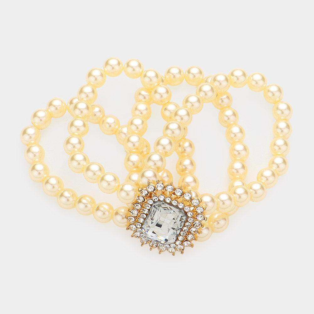 Cream Stone Accented Multi Layered Pearl Stretch Bracelet - Jewelry Store by Erik Rayo