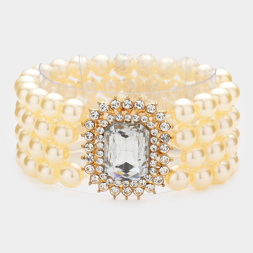 Cream Stone Accented Multi Layered Pearl Stretch Bracelet