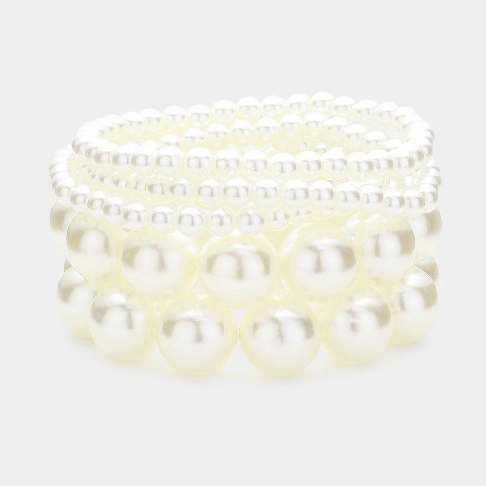 Cream 5PCS - Pearl Beaded Multi Layered Stretch Bracelets