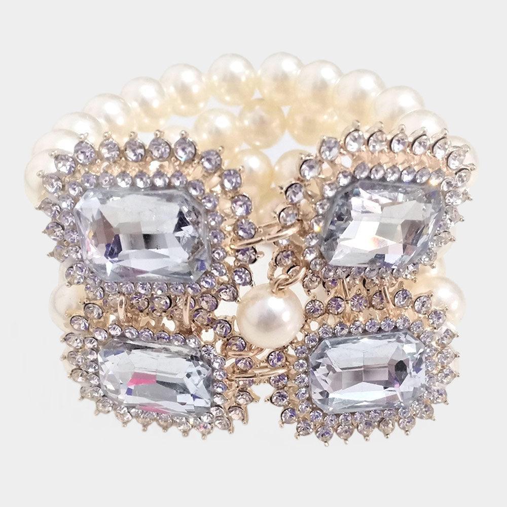 Gold Stone Accented Multi Layered Pearl Stretch Bracelet - Jewelry Store by Erik Rayo