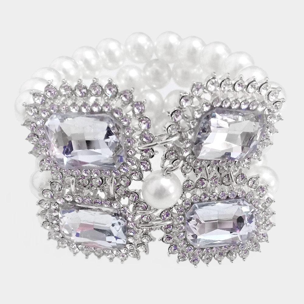 White Stone Accented Multi Layered Pearl Stretch Bracelet - Jewelry Store by Erik Rayo
