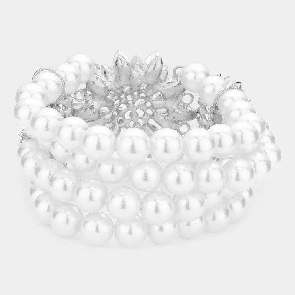 White Flower Stone Embellished Pearl Stretch Bracelet - Jewelry Store by Erik Rayo