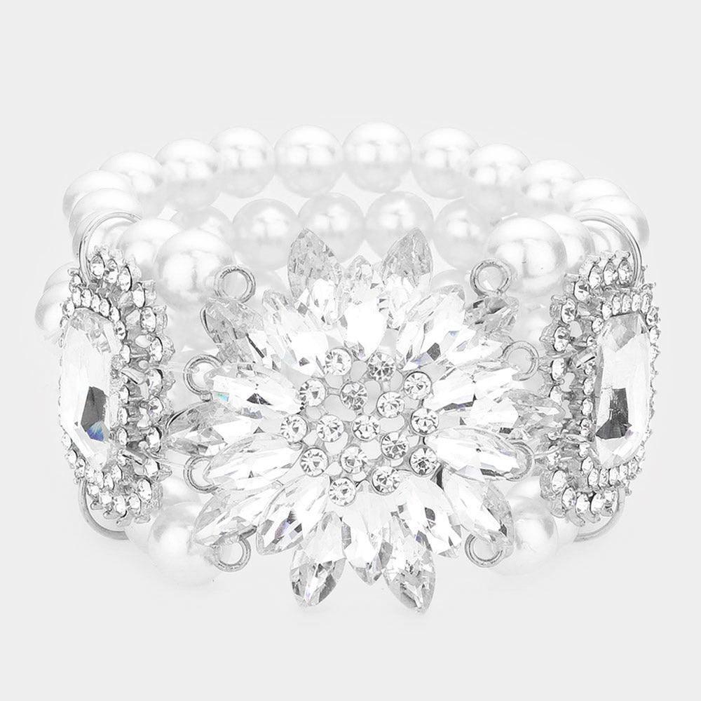 White Flower Stone Embellished Pearl Stretch Bracelet - Jewelry Store by Erik Rayo