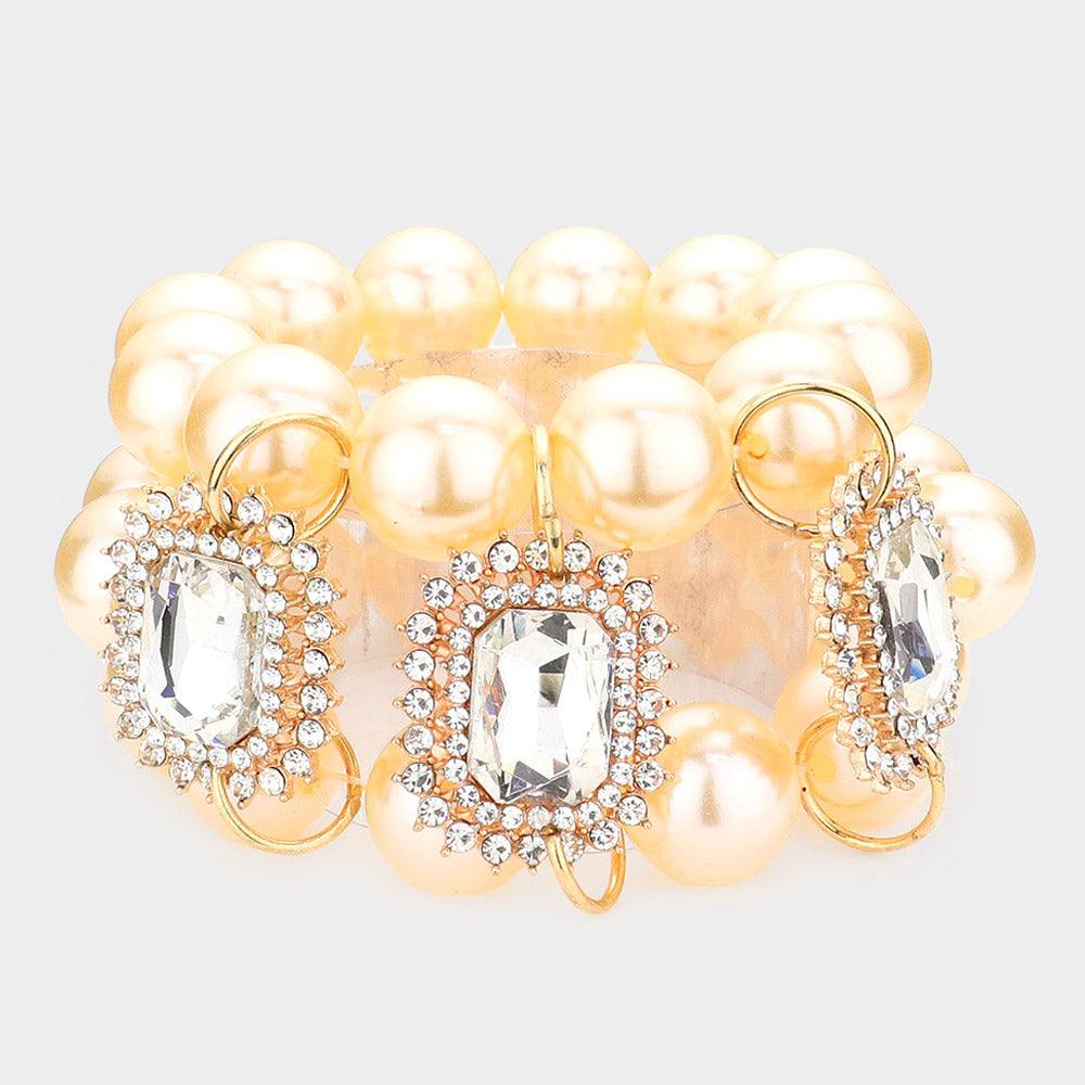 Gold Glass Stone Accented Pearl Stretch Bracelet