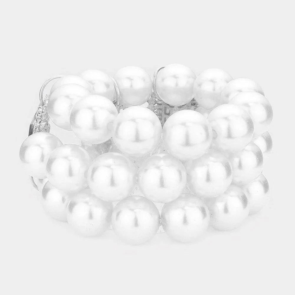 White Glass Stone Accented Pearl Stretch Bracelet - Jewelry Store by Erik Rayo