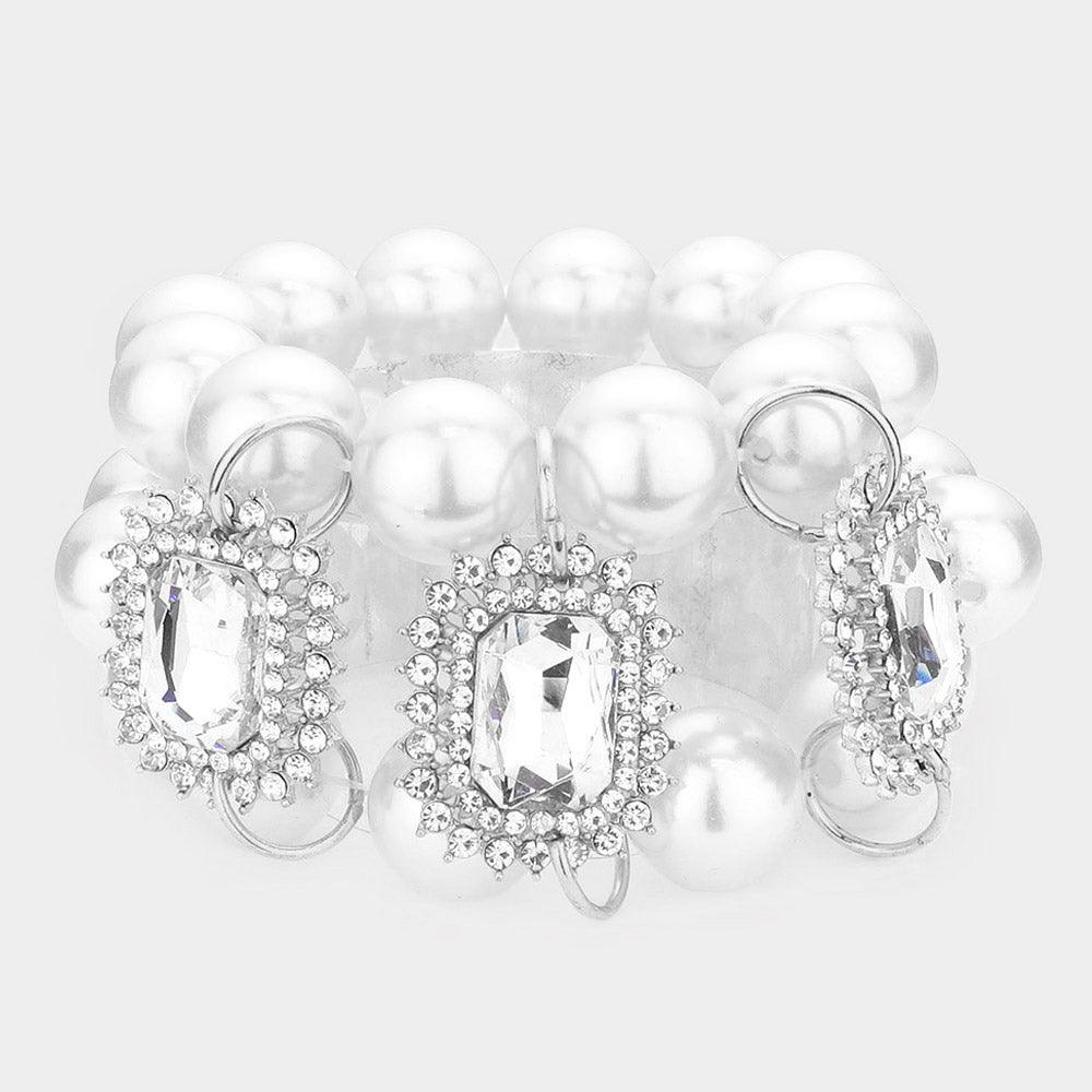 White Glass Stone Accented Pearl Stretch Bracelet