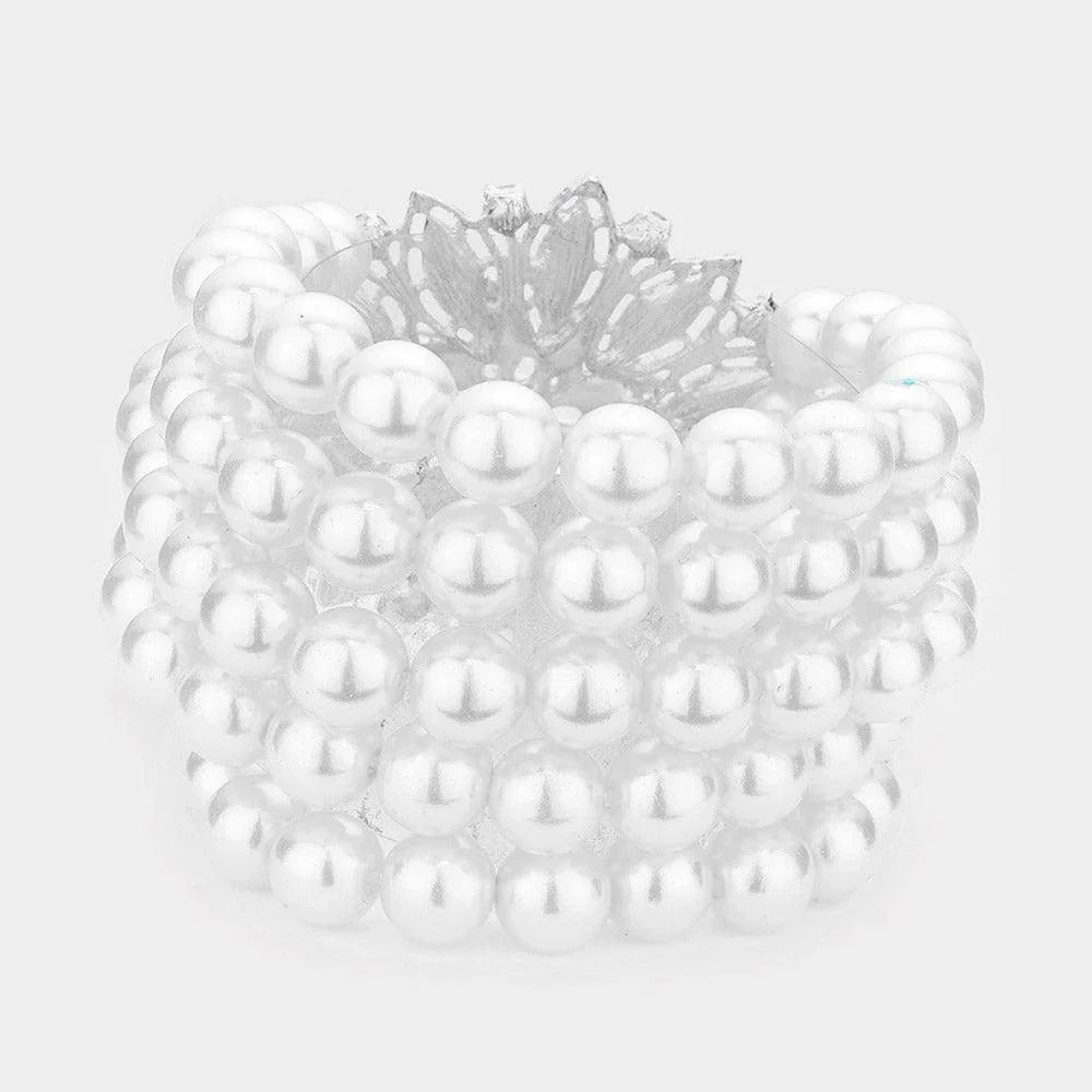 White Flower Rhinestone Pave Pearl Stretch Bracelet - Jewelry Store by Erik Rayo