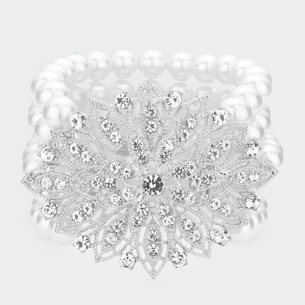 White Flower Rhinestone Pave Pearl Stretch Bracelet - Jewelry Store by Erik Rayo