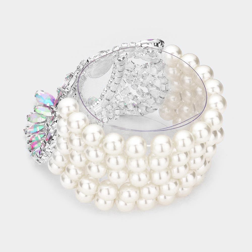 White Marquise Stone Embellished Pearl Bracelet - Jewelry Store by Erik Rayo
