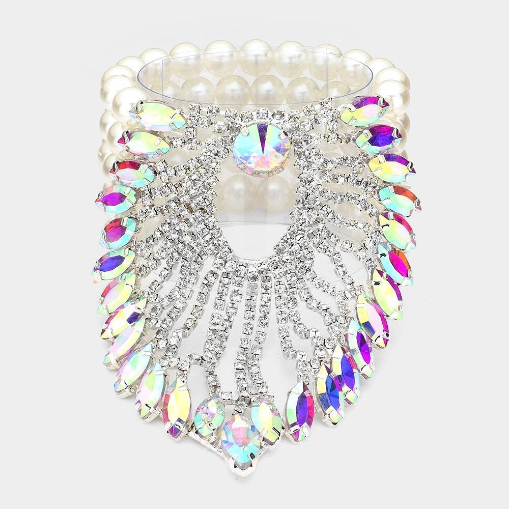 White Marquise Stone Embellished Pearl Bracelet - Jewelry Store by Erik Rayo