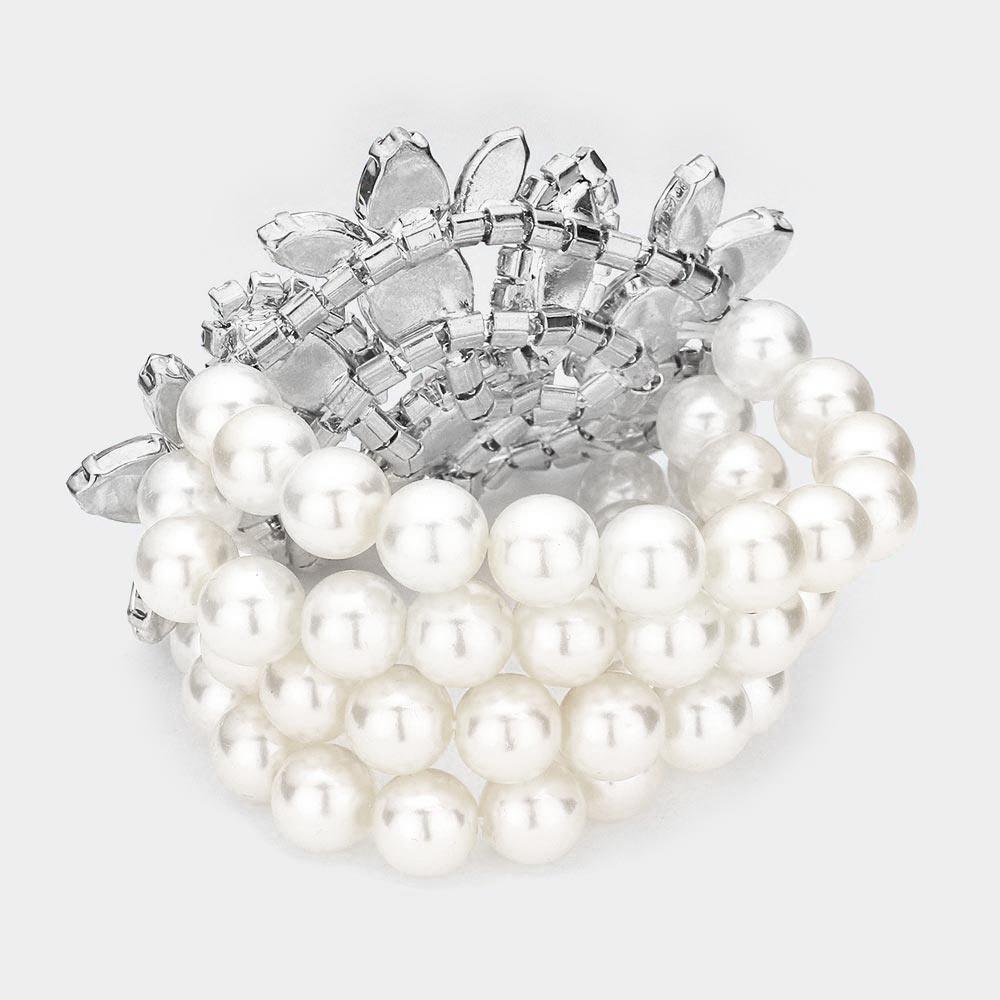 White Flower Stone Cluster Embellished Pearl Bracelet - Jewelry Store by Erik Rayo