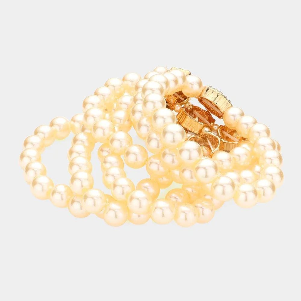 Cream Stone Embellished Multi Layered Pearl Stretch Bracelet - Jewelry Store by Erik Rayo