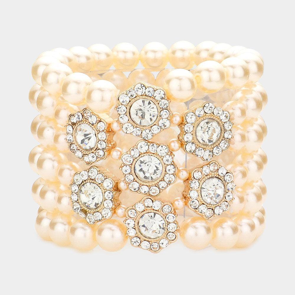 Cream Stone Embellished Multi Layered Pearl Stretch Bracelet - Jewelry Store by Erik Rayo