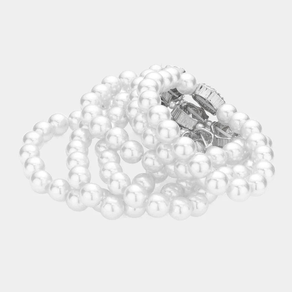 White Stone Embellished Multi Layered Pearl Stretch Bracelet - Jewelry Store by Erik Rayo