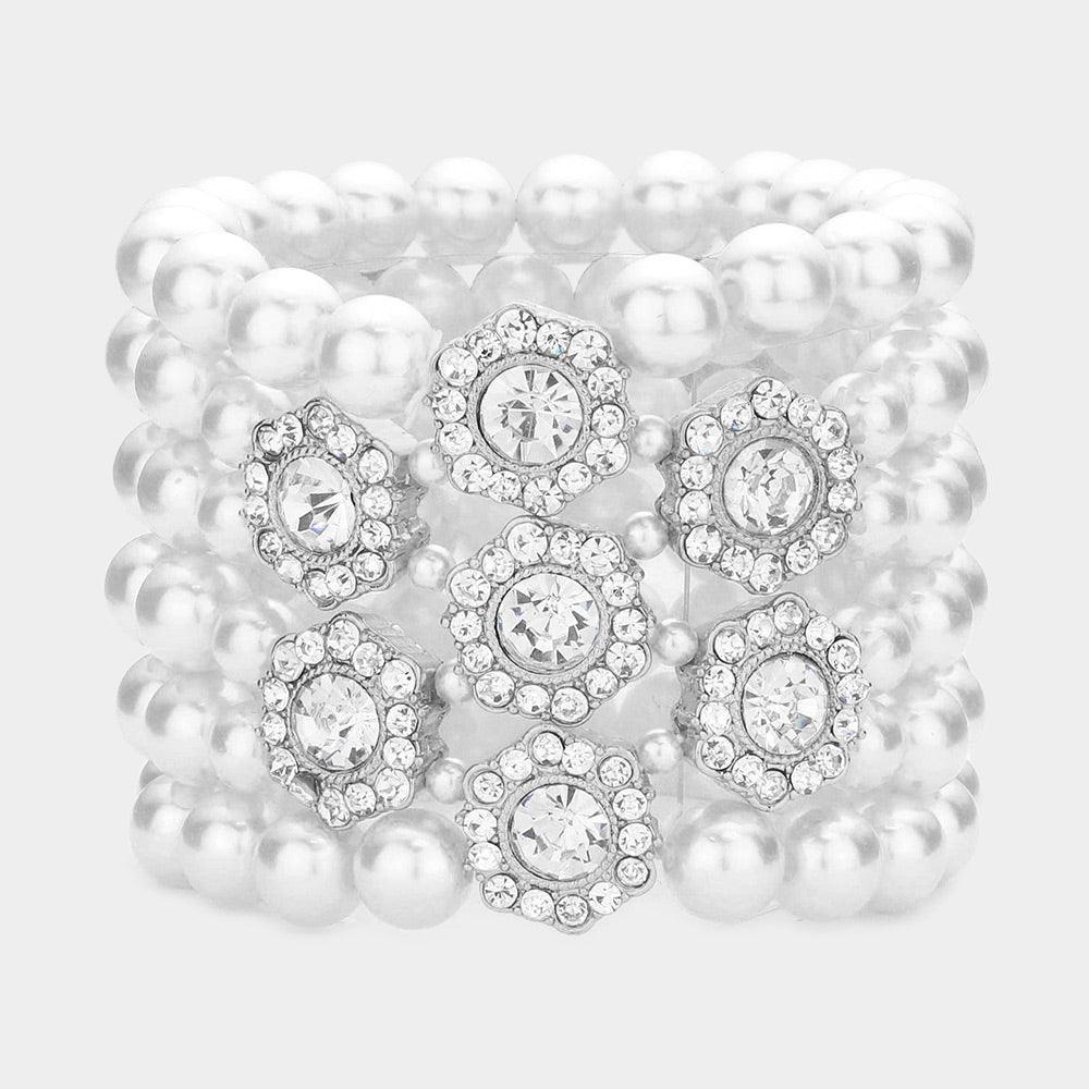 White Stone Embellished Multi Layered Pearl Stretch Bracelet - Jewelry Store by Erik Rayo