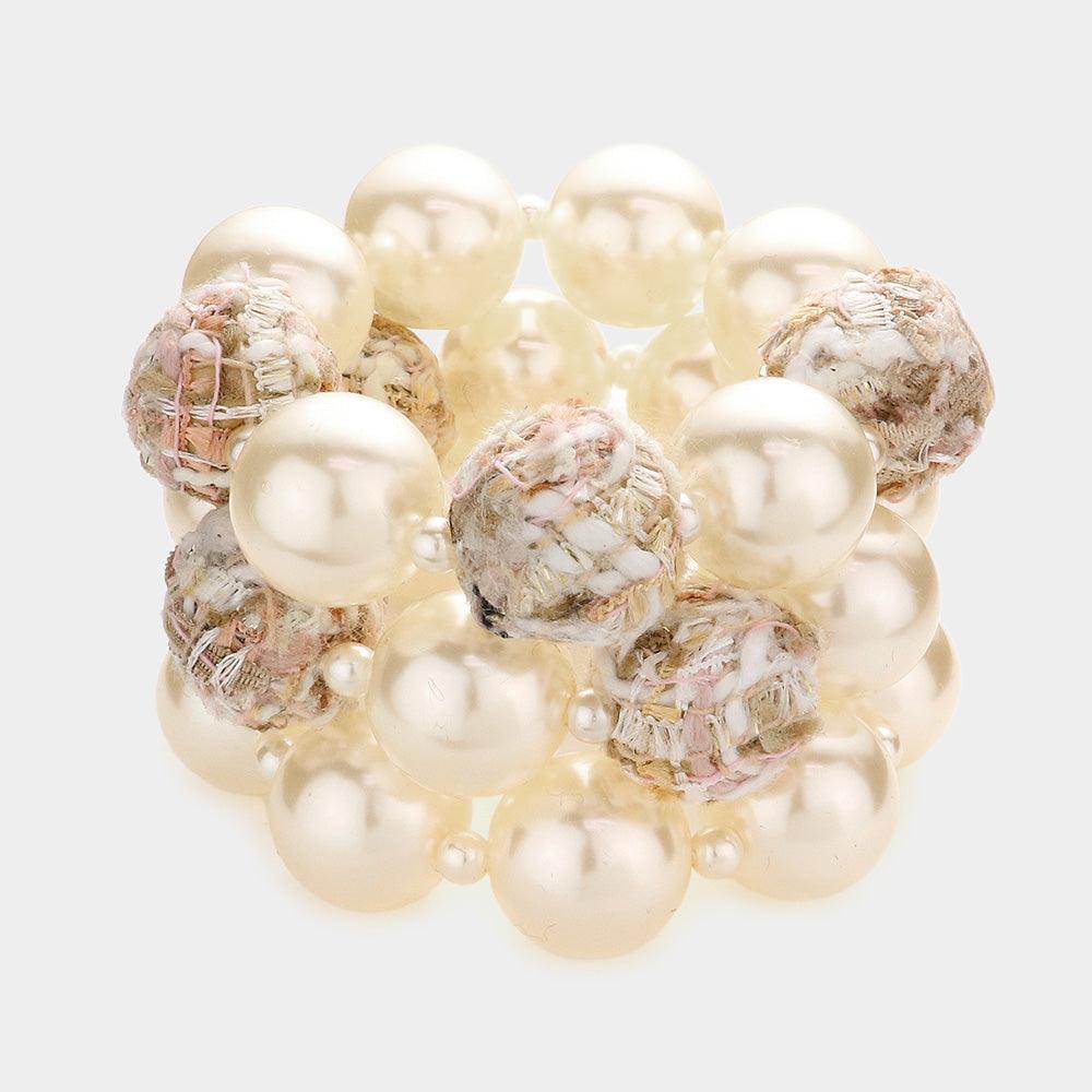 Ivory 3PCS - Tweed Fabric Ball Pearl Stretch Bracelets