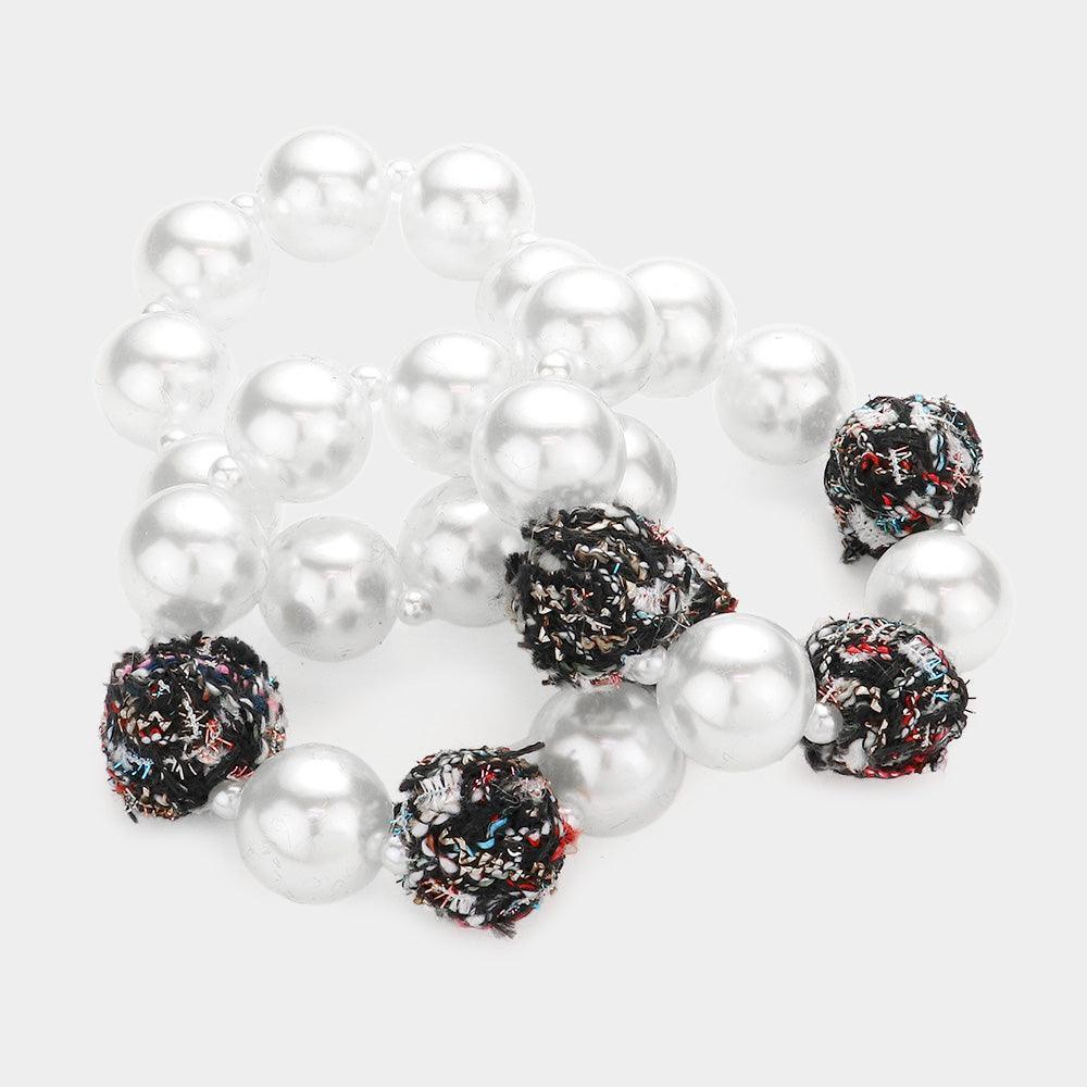 Black 3PCS Tweed Fabric Ball Pearl Stretch Bracelets - Jewelry Store by Erik Rayo
