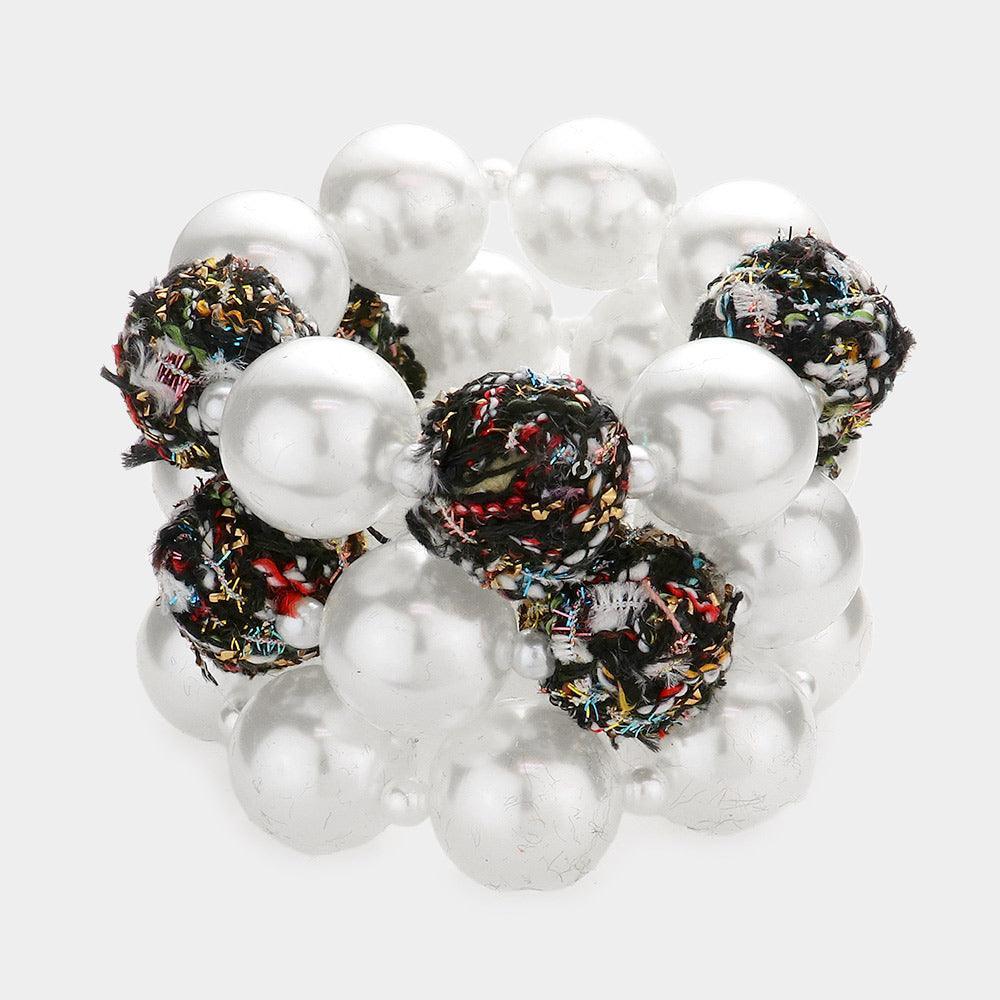 Black 3PCS  Tweed Fabric Ball Pearl Stretch Bracelets
