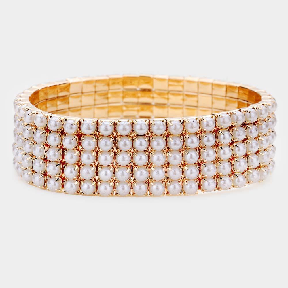 Cream 5 Row Pearl Stretch Bracelet - Jewelry Store by Erik Rayo