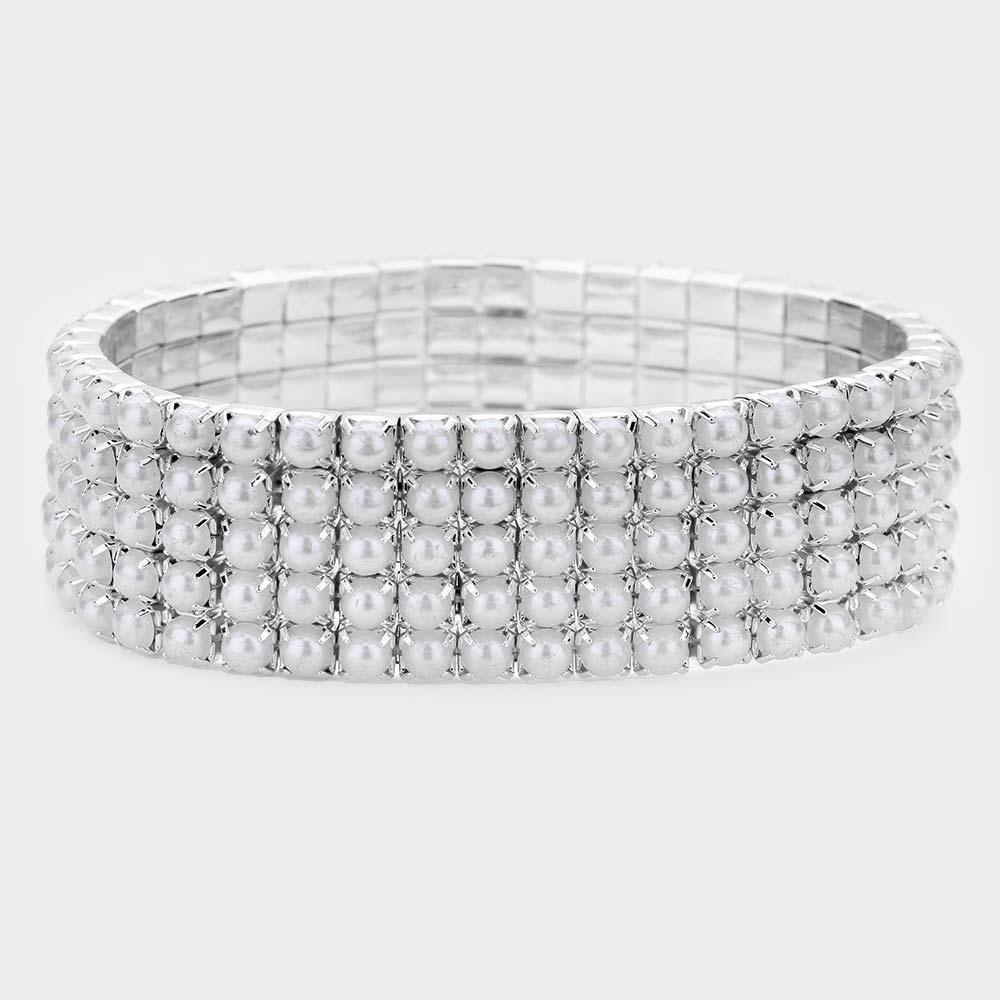 White 5 Row Pearl Stretch Bracelet