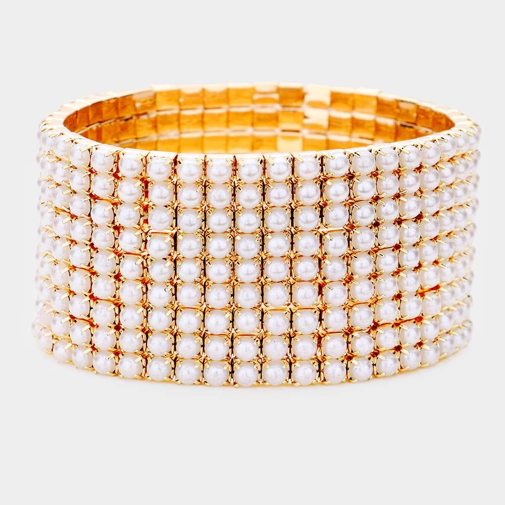 Cream 9 Row Pearl Stretch Bracelet