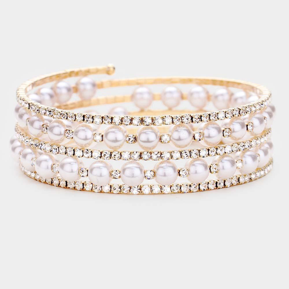 Gold Pearl Statement Crystal Rhinestone Adjustable Evening Bracelet - Jewelry Store by Erik Rayo