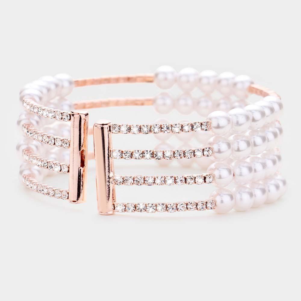 Rose Gold Pearl Crystal Rhinestone Statement Cuff Evening Bracelet - Jewelry Store by Erik Rayo