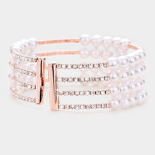 Load image into Gallery viewer, Rose Gold Pearl Crystal Rhinestone Statement Cuff Evening Bracelet
