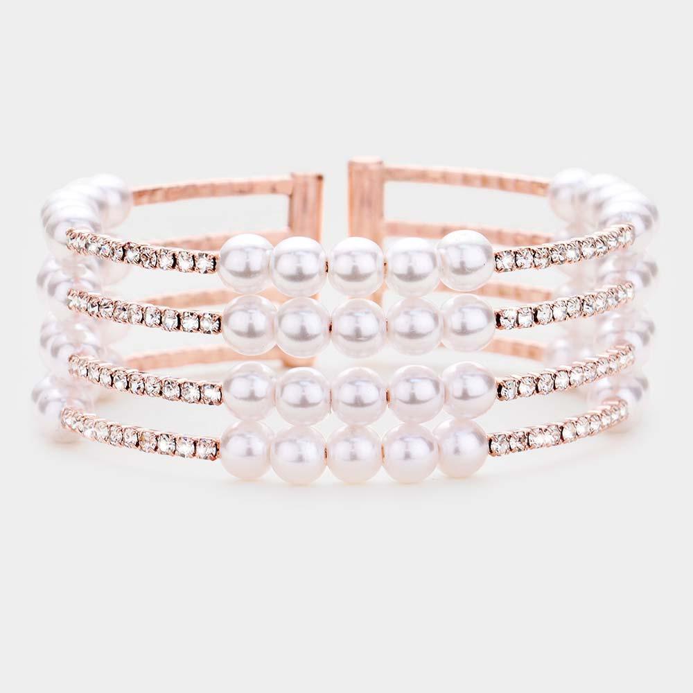 Rose Gold Pearl Crystal Rhinestone Statement Cuff Evening Bracelet - Jewelry Store by Erik Rayo