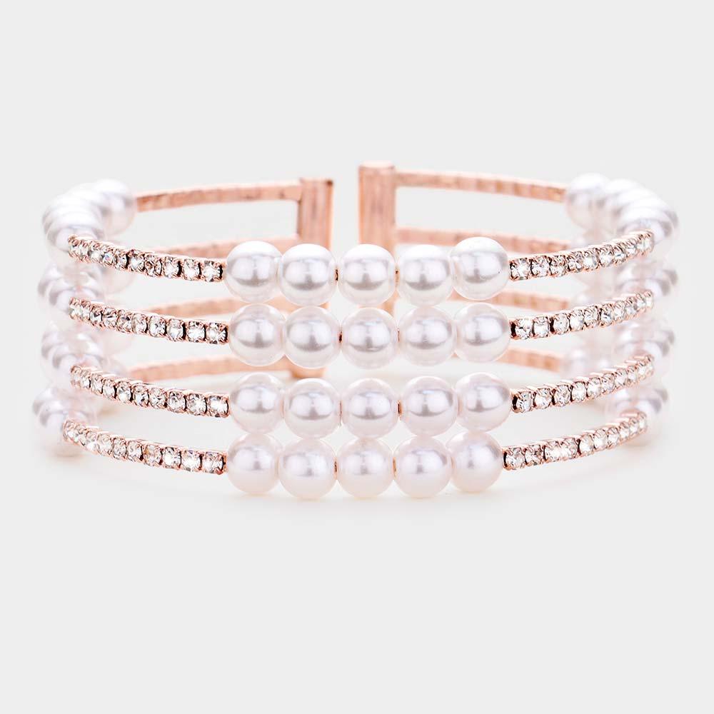 Rose Gold Pearl Crystal Rhinestone Statement Cuff Evening Bracelet