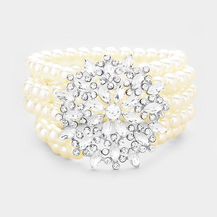 White Multi Strand Pearl Crystal Flower Accented Stretch Bracelet - Jewelry Store by Erik Rayo