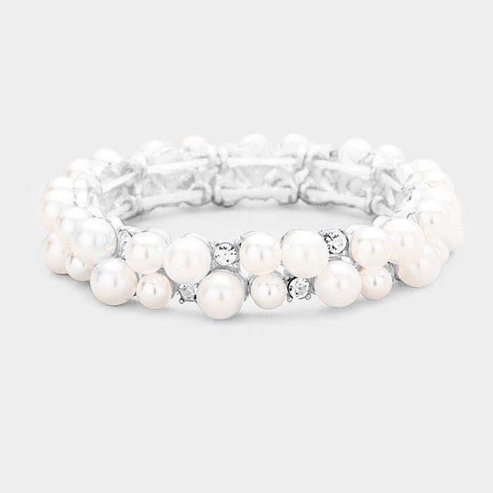 White Stone Pearl Cluster Stretch Evening Bracelet - Jewelry Store by Erik Rayo