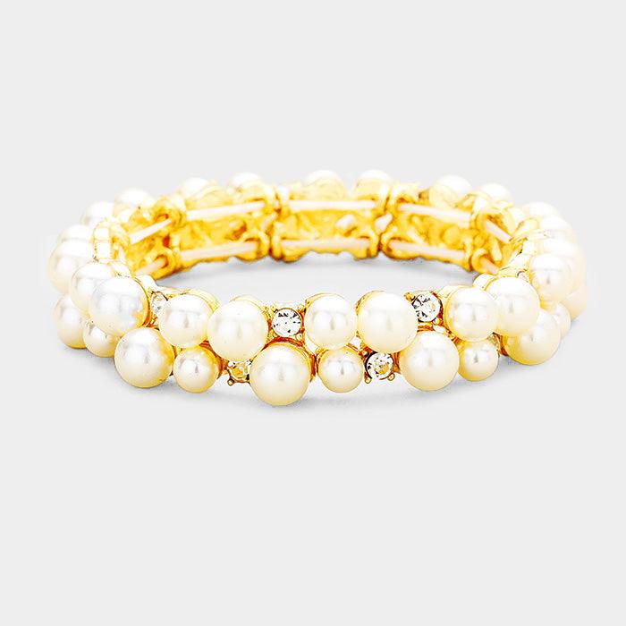 Gold Stone Pearl Cluster Stretch Evening Bracelet