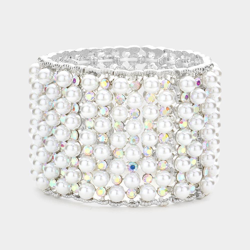 White Pearl Round Stone Cluster Stretch Bracelet - Jewelry Store by Erik Rayo
