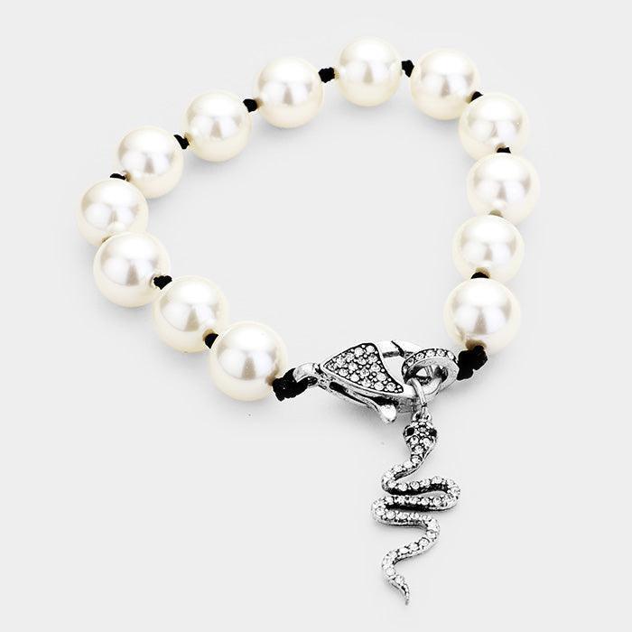 White Pave Snake Pendant Pearl Bracelet - Jewelry Store by Erik Rayo