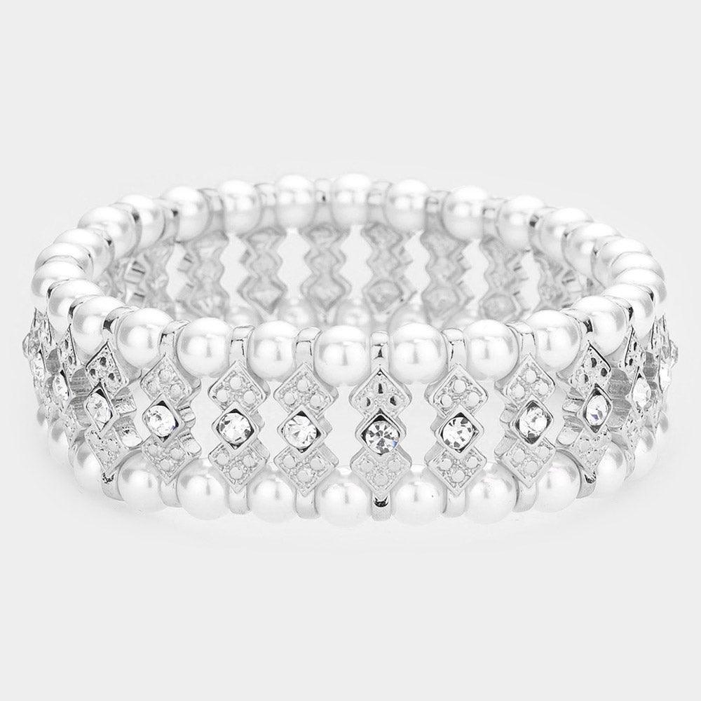 White Crystal Rhinestone Pearl Stretch Bracelet - Jewelry Store by Erik Rayo
