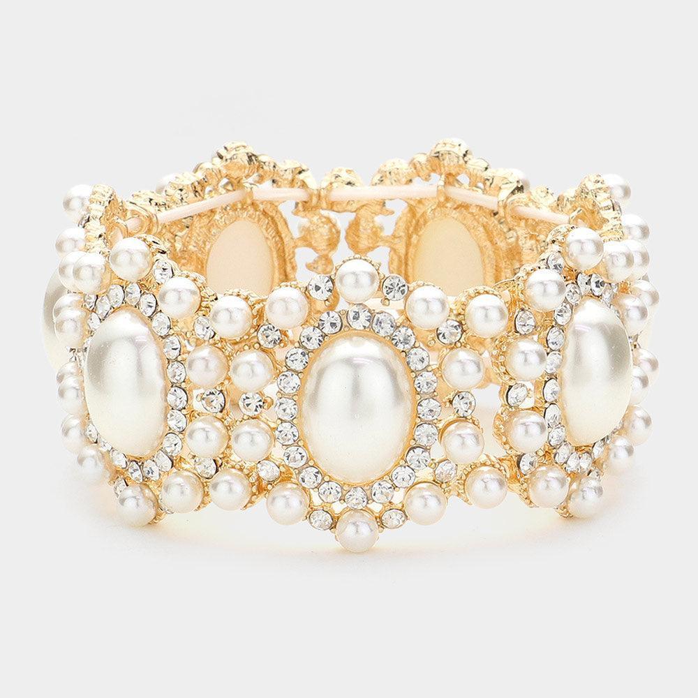 Cream Oval Pearl Accented Link Stretch Bracelet - Jewelry Store by Erik Rayo