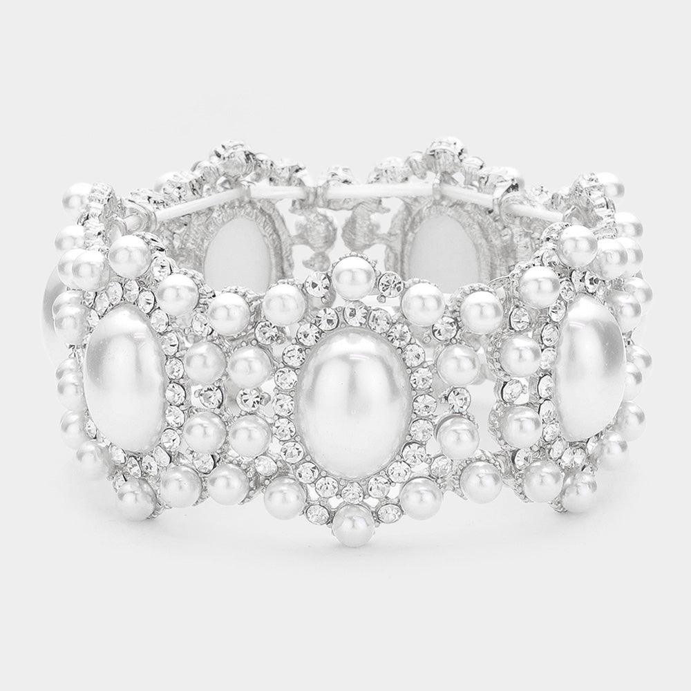 White Oval Pearl Accented Link Stretch Bracelet