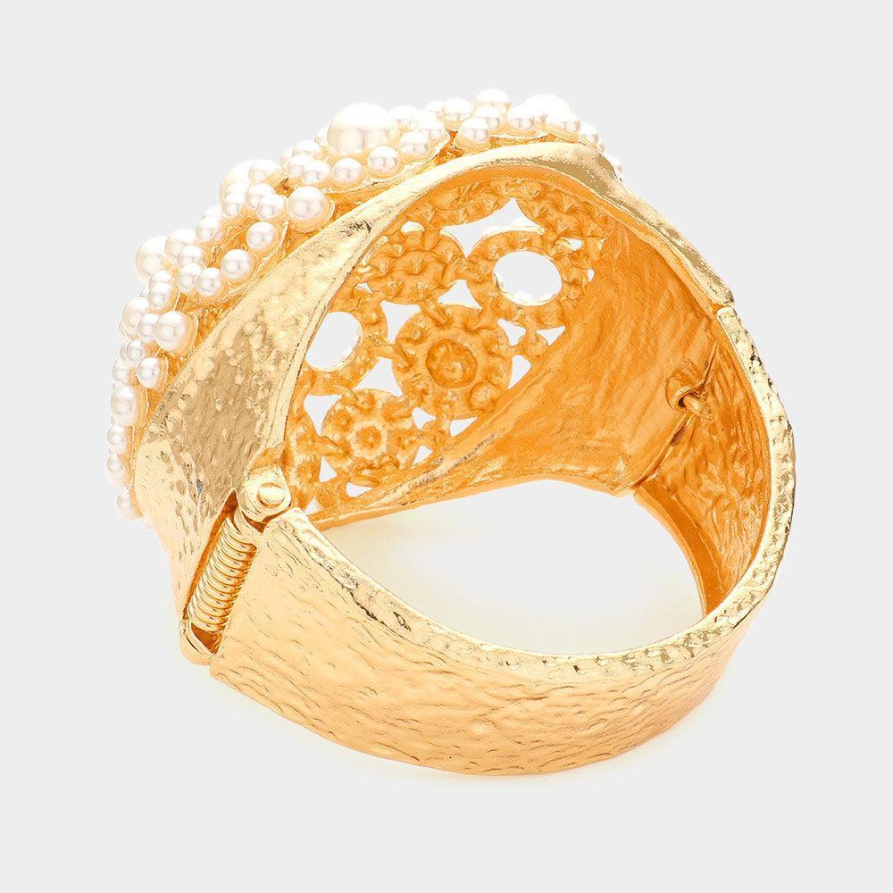 Cream Pearl Embellished Hinged Evening Bracelet - Jewelry Store by Erik Rayo