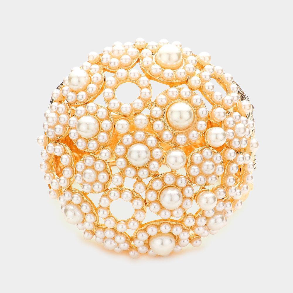 Cream Pearl Embellished Hinged Evening Bracelet - Jewelry Store by Erik Rayo