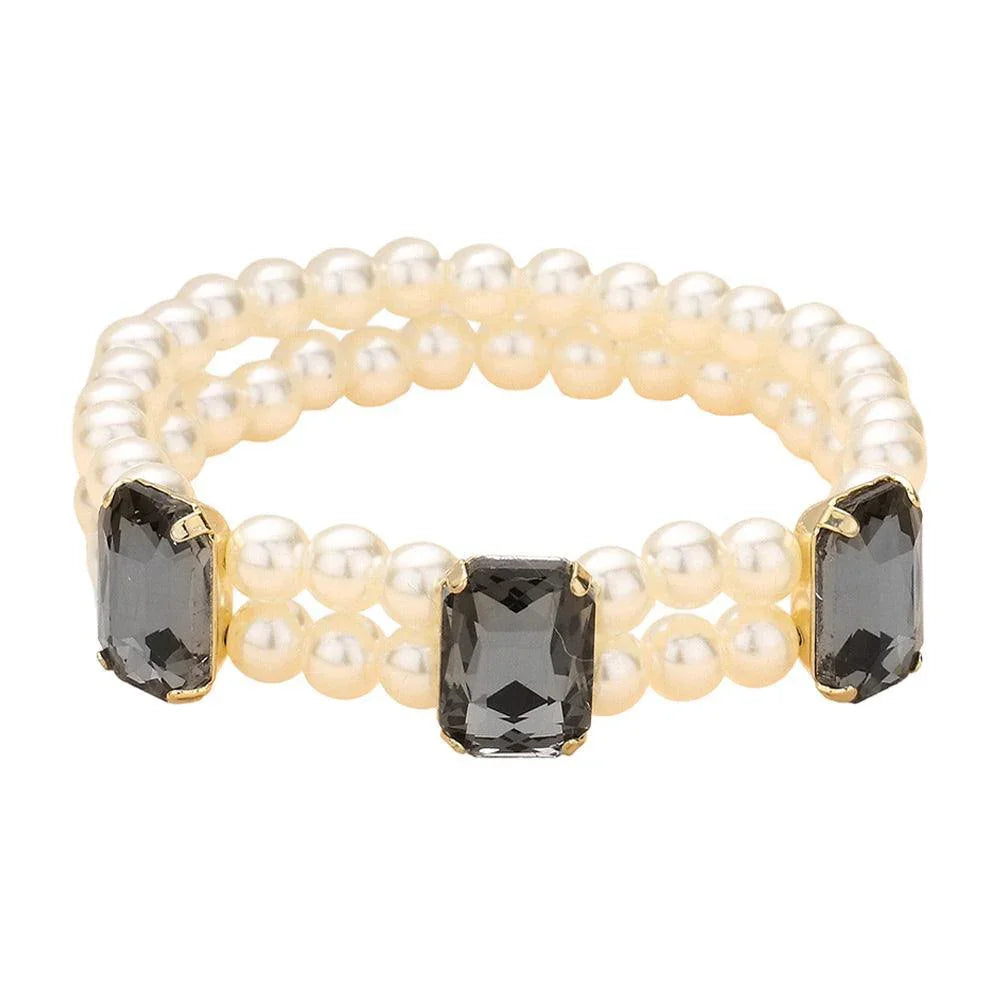 Black Rectangle Stone Accented Pearl Stretch Bracelet - Jewelry Store by Erik Rayo