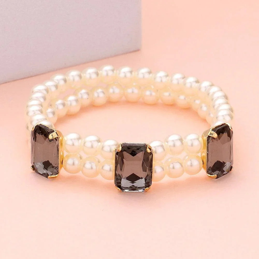 Black Rectangle Stone Accented Pearl Stretch Bracelet - Jewelry Store by Erik Rayo
