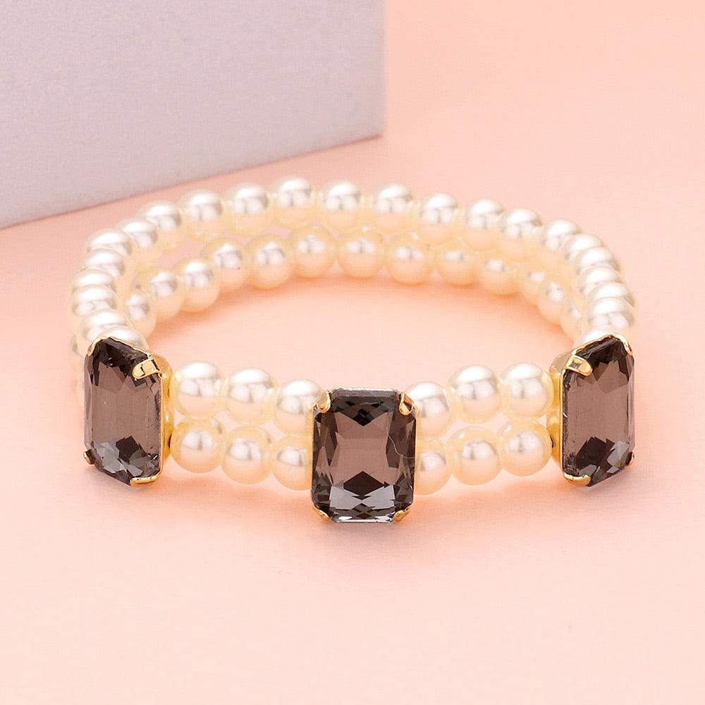 Black Rectangle Stone Accented Pearl Stretch Bracelet