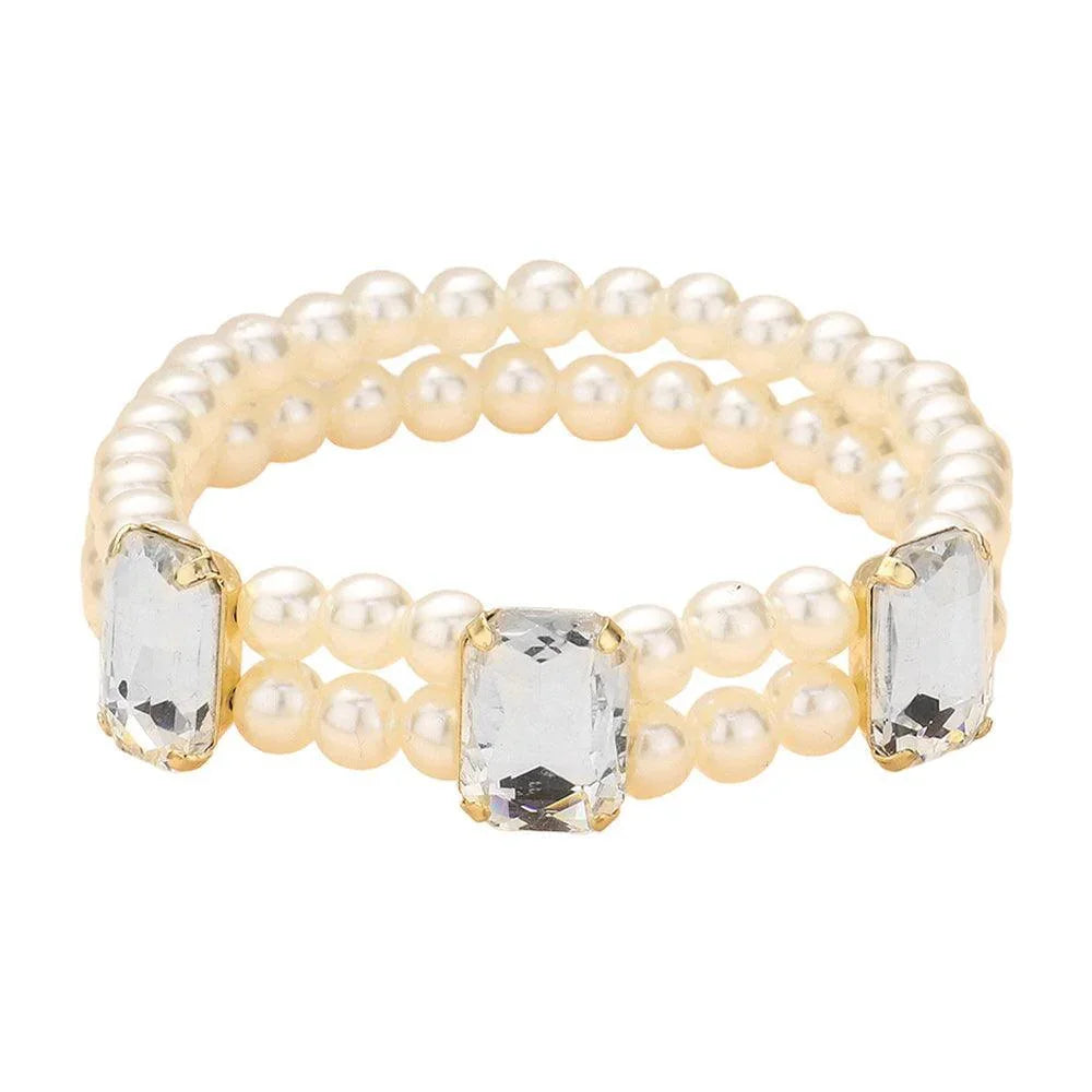 Clear Rectangle Stone Accented Pearl Stretch Bracelet - Jewelry Store by Erik Rayo