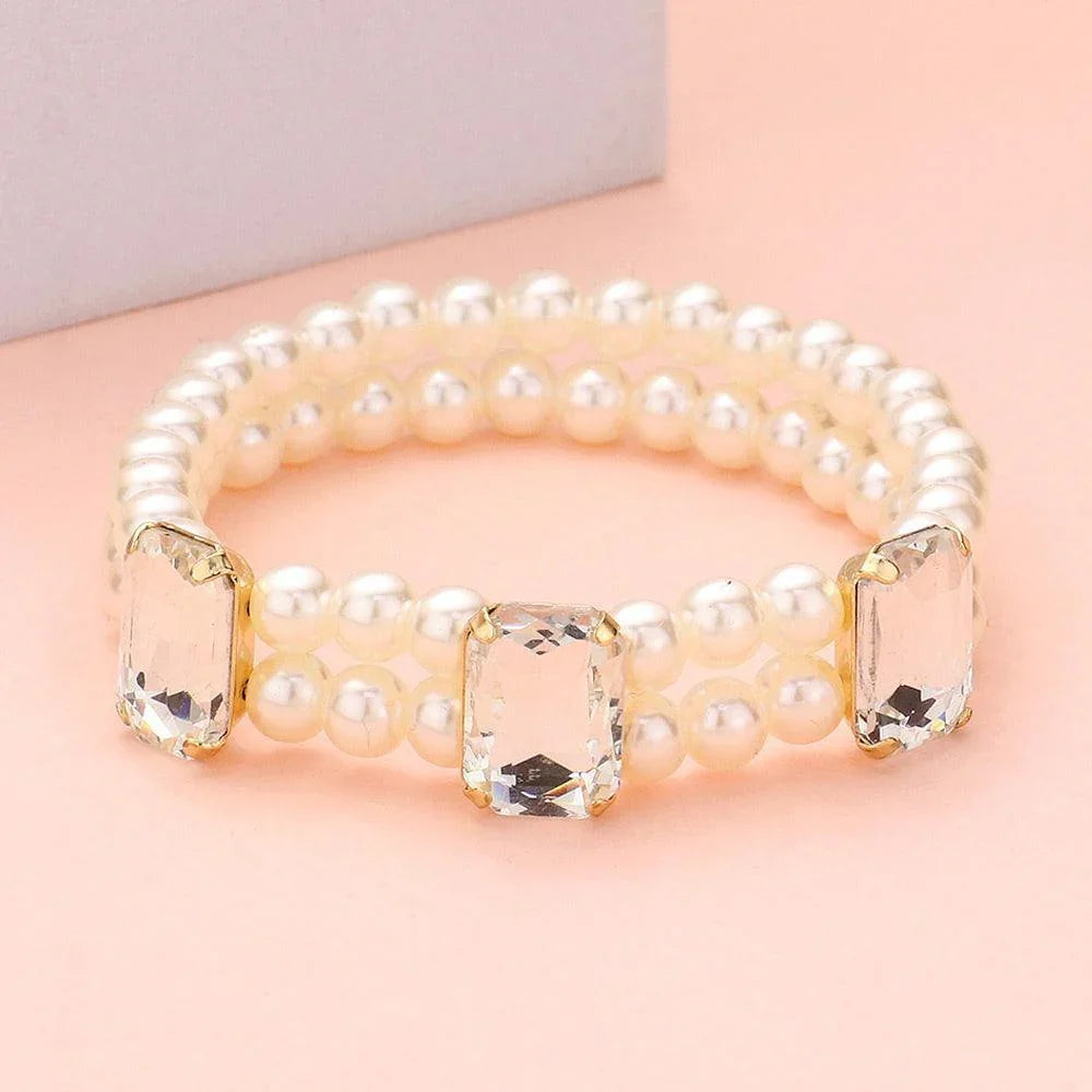 Clear Rectangle Stone Accented Pearl Stretch Bracelet - Jewelry Store by Erik Rayo