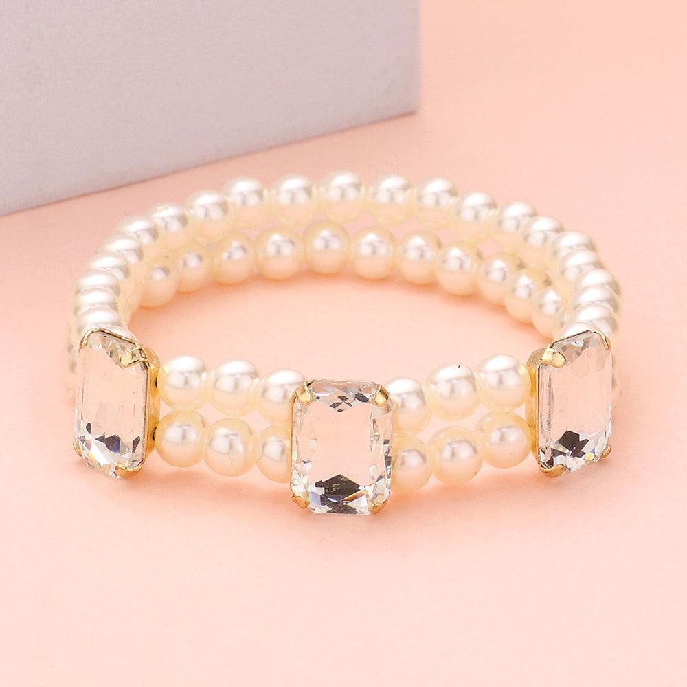 Clear Rectangle Stone Accented Pearl Stretch Bracelet