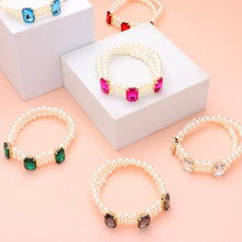 Load image into Gallery viewer, Clear Rectangle Stone Accented Pearl Stretch Bracelet
